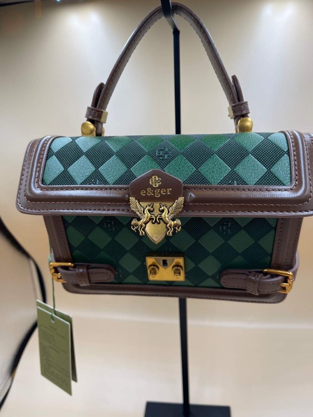 E&GER Green Checkered Bag with Brown Trim Leathers Collection E&GER. Quiet Lux